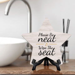 Sign ByLITA Please Be Neat & Wipe The Seat, Wood Color, Star Table Sign (6"x5")