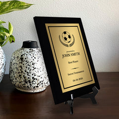 Soccer Customizable Black Frame Wooden Award Plaque | Easel Mount Option | Achievement and Recognition Personalizable Plaques