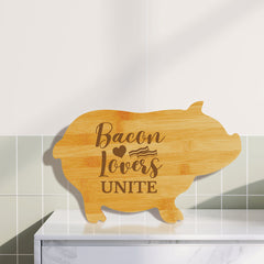 Bacon Lovers Unite (13.75 x 8.75") Pig Shape Cutting Board | Funny Decorative Kitchen Chopping Board