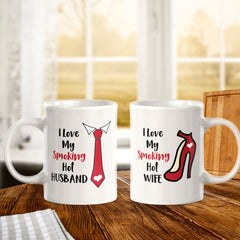 I love My Smoking Hot Husband and Wife 11oz Ceramic Mug (2 pack) | Pair of His and Hers Funny Romantic Novelty Mugs