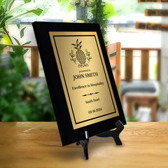 Hospitality Theme Customizable Black Frame Award Plaque | Easel Mount Option | Recognition of Achievement and Service Personalizable Plaques