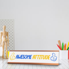 Signs ByLITA Awesome Attitude, Gold Frame, Desk Sign, White (2x8)