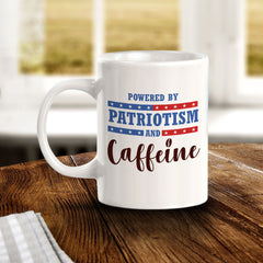 Powered By Patriotism And Caffeine 11oz Plastic or Ceramic Mug | Funny Patriotic Novelty Office Mug