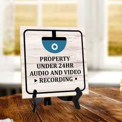 Property Under 24Hr Audio And Video Recording 5"x 5" Square Table Sign With Acrylic Easel | Home & Office Decor