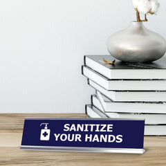 Sanitize your hands, Blue Silver Frame, Desk Sign (2x8")