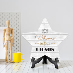 Sign ByLITA Welcome to Our Chaos, Wood Color, Star Bathroom Table Sign (6"x5")