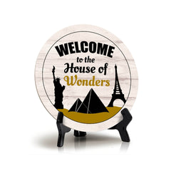 Signs ByLITA Circle Welcome to the House of Wonders Wood Color, Entrance Decor Table Sign (5"x5")