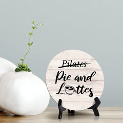 Round Pilates (Crossed Out), Pie and lattes (Bold) Wood Color, Circle Table Sign (5x5")