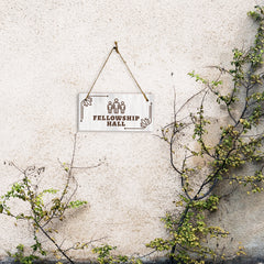 Fellowship Hall 5x10 Hanging Plus Wall or Door Sign | Religious Rustic Wood Sign