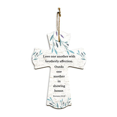 Love one another with brotherly affection. Outdo one another in showing honor. Romans 12:10 11.5" x 8" Cross Hanging Sign | Rustic Twine | Inspiring Religious Bible Decor