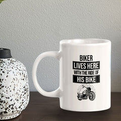 Biker Lives Here With The Ride Of His Life 11oz Plastic or Ceramic Mug | Funny Sporty Cup