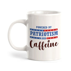 Powered By Patriotism And Caffeine 11oz Plastic or Ceramic Mug | Funny Patriotic Novelty Office Mug