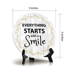 Signs ByLITA Circle Everything Starts With a Smile Wood Color, Table Sign (5"x5")