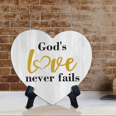 Signs ByLITA Heart God's love never fails, Wood Color, Table Sign (6"x5")