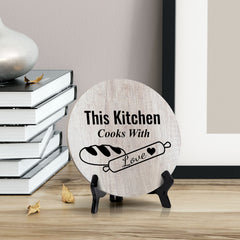 Round This Kitchen Cooks With Love, Wood Color Table Sign (5x5")