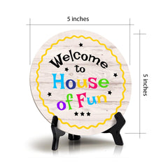 Signs ByLITA Circle Welcome To House Of Fun Wood Color, Entrance Decor Table Sign (5x5")