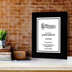 Music Competition Customizable Black Frame Award Plaque | Easel Mount Option | Achievement and Recognition Personalizable Plaques