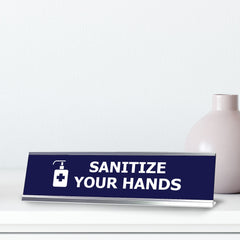 Sanitize your hands, Blue Silver Frame, Desk Sign (2x8")