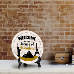 Signs ByLITA Circle Welcome to the House of Wonders Wood Color, Entrance Decor Table Sign (5"x5")