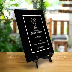 Basketball Customizable Black Frame Wooden Award Plaque | Easel Mount Option | Achievement and Recognition Personalizable Plaques