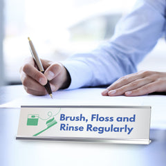 Signs ByLITA Brush, Floss and Rinse Regularly Dental Office Decor Silver Frame, Desk Sign (2x8“)