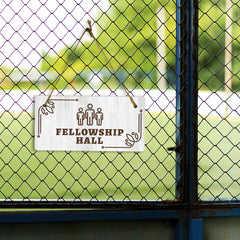 Fellowship Hall 5x10 Hanging Plus Wall or Door Sign | Religious Rustic Wood Sign