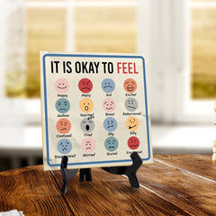 It Is Okay To Feel 5"x 5" Square Table Sign With Acrylic Easel | Motivational Home Decor