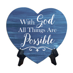 Sign ByLITA Heart With God All Things Are Possible, Blue Wood Color, Table Sign (6"x5")