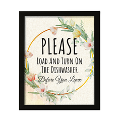 Signs ByLITA Please Load And Turn On The Dishwasher Before You Leave, Floral FRAMED Print Short Term Rentals Guest Signage, Floral FRAMED Print Short Term Rentals Guest Signage Kitchen Hospitality Wall Art