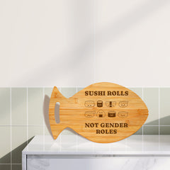 Sushi Rolls Not Gender Roles 14 x 8.5" Fish Shape Cutting Board | Decorative Kitchen Accessory For Sushi Lovers