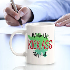 Wake Up Kick Ass Repeat 11oz Plastic or Ceramic Coffee Mug | Inspirational & Motivational Quotes