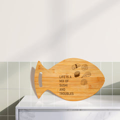 Life Is A Mix of Sushi and Troubles 14 x 8.5" Fish Shape Cutting Board | Decorative Kitchen Accessory For Sushi Lovers