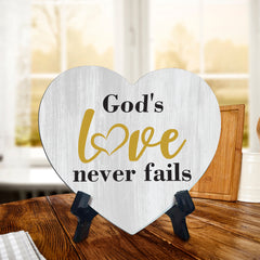 Signs ByLITA Heart God's love never fails, Wood Color, Table Sign (6"x5")
