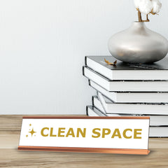 Clean Space, Golden Gold Frame, Desk Sign (2x8")