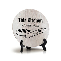 Round This Kitchen Cooks With Love, Wood Color Table Sign (5x5")