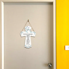 Let love be genuine. Abhor what is evil; hold fast to what is good. Romans 12:9 11.5" x 8" Cross Hanging Sign | Rustic Twine | Inspiring Religious Bible Decor