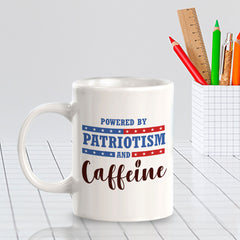 Powered By Patriotism And Caffeine 11oz Plastic or Ceramic Mug | Funny Patriotic Novelty Office Mug