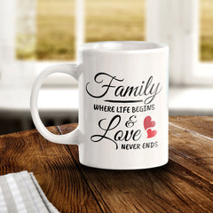 Family Where Life Begins & Love Never Ends 11oz Plastic or Ceramic Coffee Mug | Cute Loving Family Cups