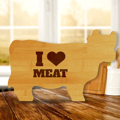 I (Heart Icon) Meat 14.75 x 9.75" Cow Shape Cutting Board | Funny Kitchen Chopping Board