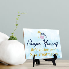 Signs ByLITA Pamper Yourself: Relaxation and Spa Treatments Table Sign with Acrylic Stand (6x8?