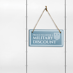 Proud to Offer A Military Discount 5x10 Hanging Plus Wall or Door Sign | Rustic Twine | Business Veteran Support Signage