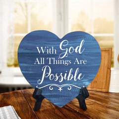 Sign ByLITA Heart With God All Things Are Possible, Blue Wood Color, Table Sign (6"x5")