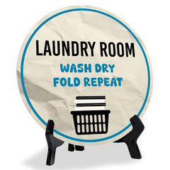 Laundry Room Wash Dry Fold Repeat (5 x 5“) Circle Table Sign with Acrylic Stand | Funny Home Decor