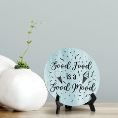Round Good Food is a Good Mood, Blue Wood Color, Circle Table Sign (5x5")