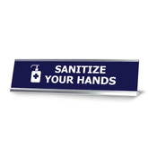 Sanitize your hands, Blue Silver Frame, Desk Sign (2x8")