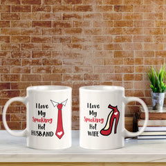 I love My Smoking Hot Husband and Wife 11oz Ceramic Mug (2 pack) | Pair of His and Hers Funny Romantic Novelty Mugs