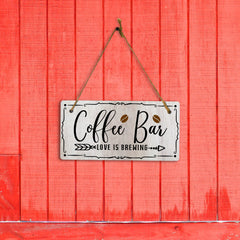 Coffee Bar Love Is Brewing 5x10 Hanging Plus Wall or Door Sign | Home Decor