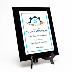 Engineering and Mechanics Theme Customizable Black Frame Award Plaque | Easel Mount Option | Recognition of Achievement and Service Personalizable Plaques