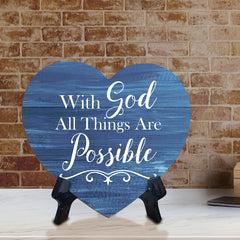 Sign ByLITA Heart With God All Things Are Possible, Blue Wood Color, Table Sign (6"x5")