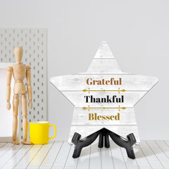 Sign ByLITA Grateful, Thankful, Blessed, Wood Color, Star Table Sign (6"x5")